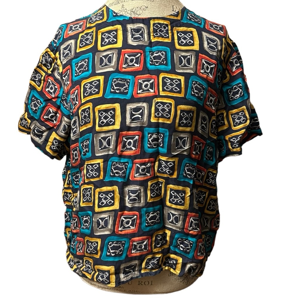 Vintage Kim Rogers 100% Silk Black Yellow Blue Red Blouse Top Women Large